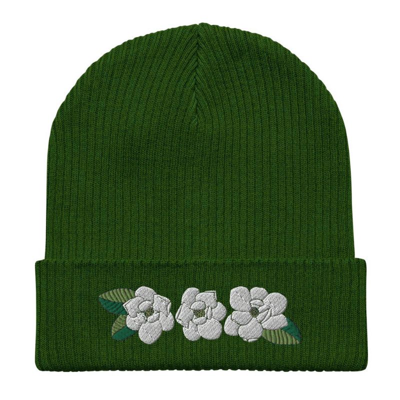 Embroidery Beanie Green Floral Unisex