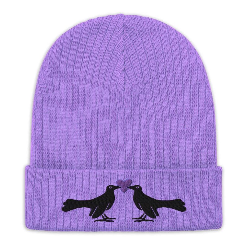 Embroidery Beanie Purple Love Bird Unisex